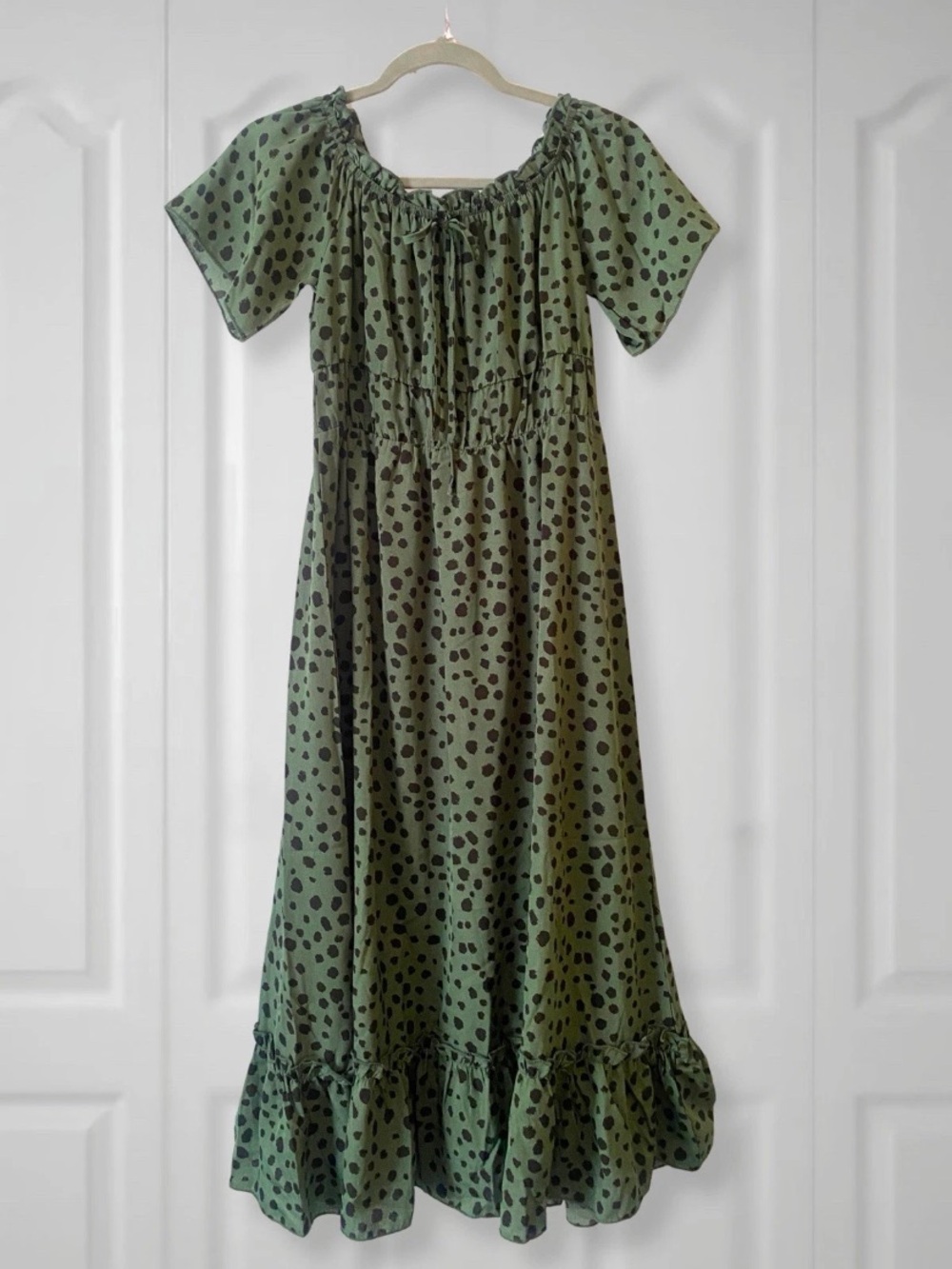 Olive Peasant Midi Dress Ruffled Hem Black Leopard Print
